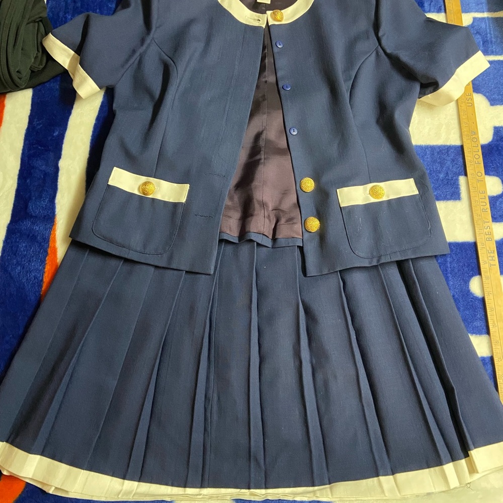 Vintage Heritage House Blue and Cream jacket and skirt set with gold accents
